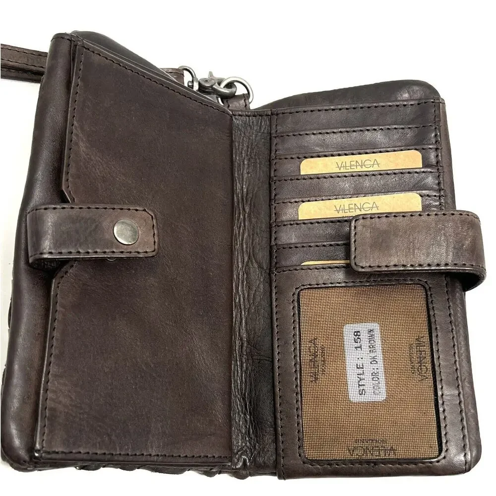 Vilenca Holland Woven Leather Wallet Wristlet Clutch Removable Strap Dark Brown